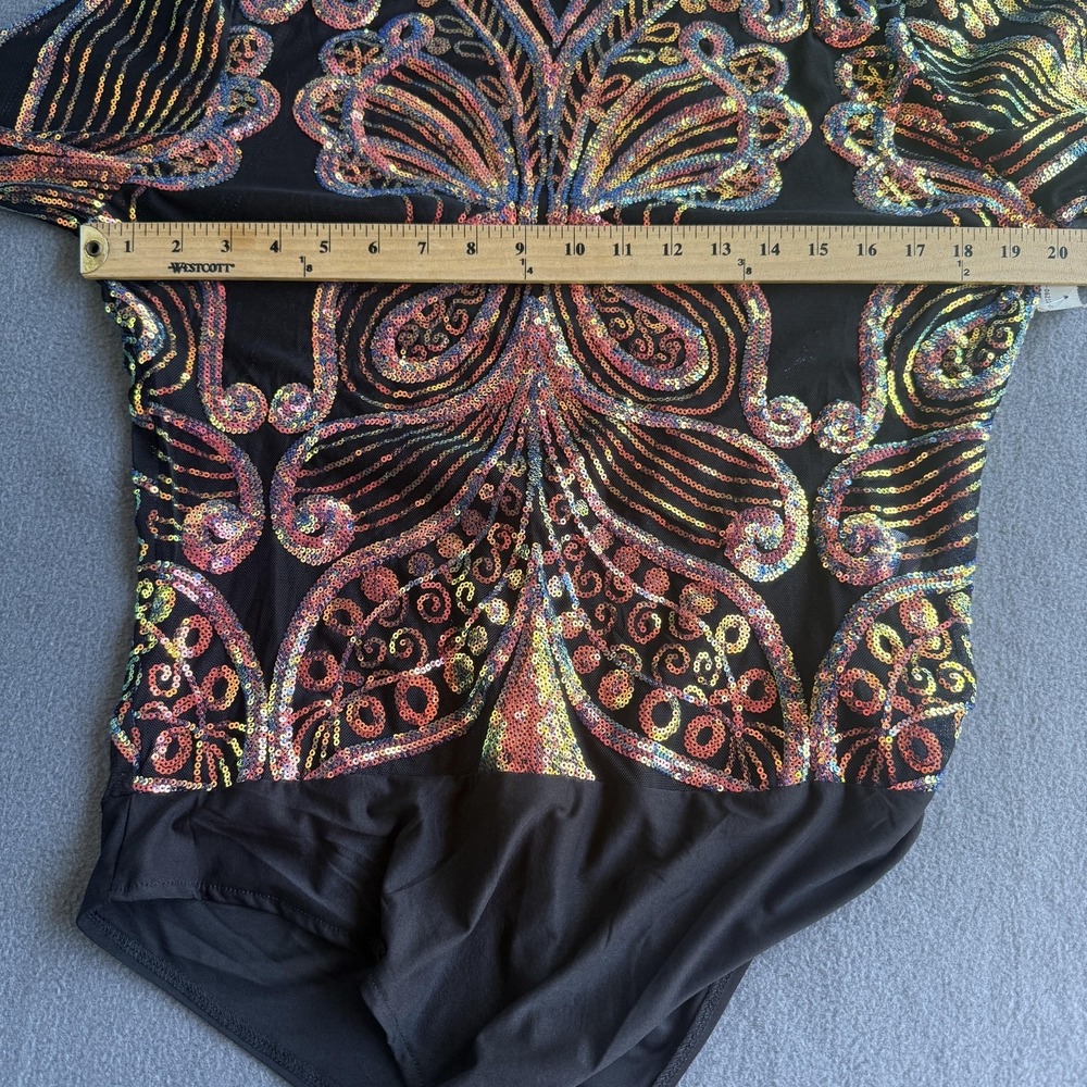 Sequin Butterfly Bodysuit Womens 2X Black Long Sleeve Sheer Rave Festival Plus - Picture 9 of 10